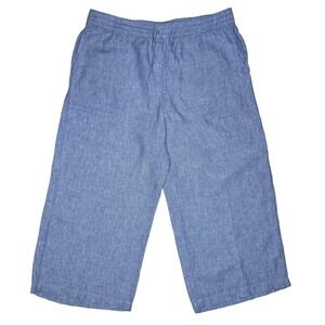 Lands End Womens XL 18 High Rise 100% Linen Wide Leg Cropped Pants Blue